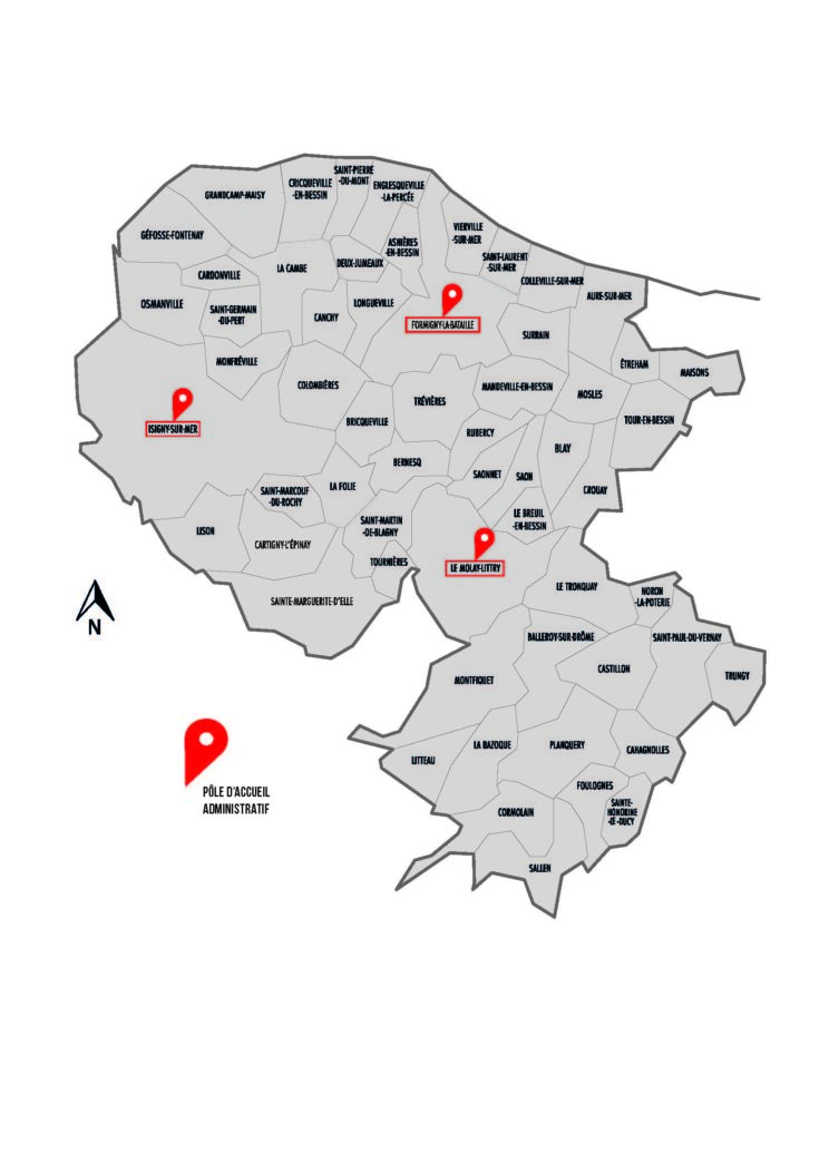 Carte de l'Intercom-Omaha-Isigny avec les communes et les pôles d'accueil administratif
